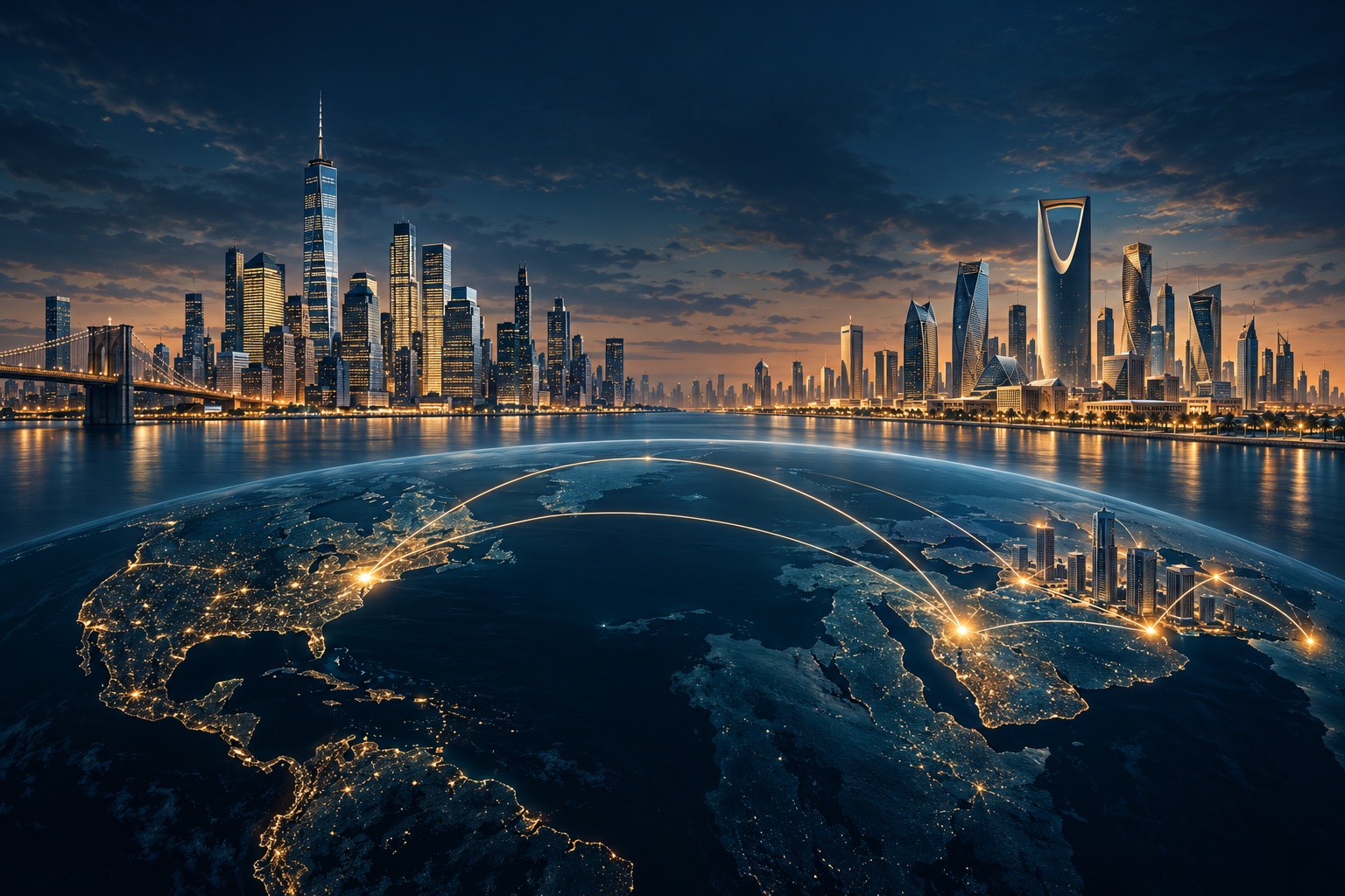Concept illustration connecting American and Gulf skylines across a globe